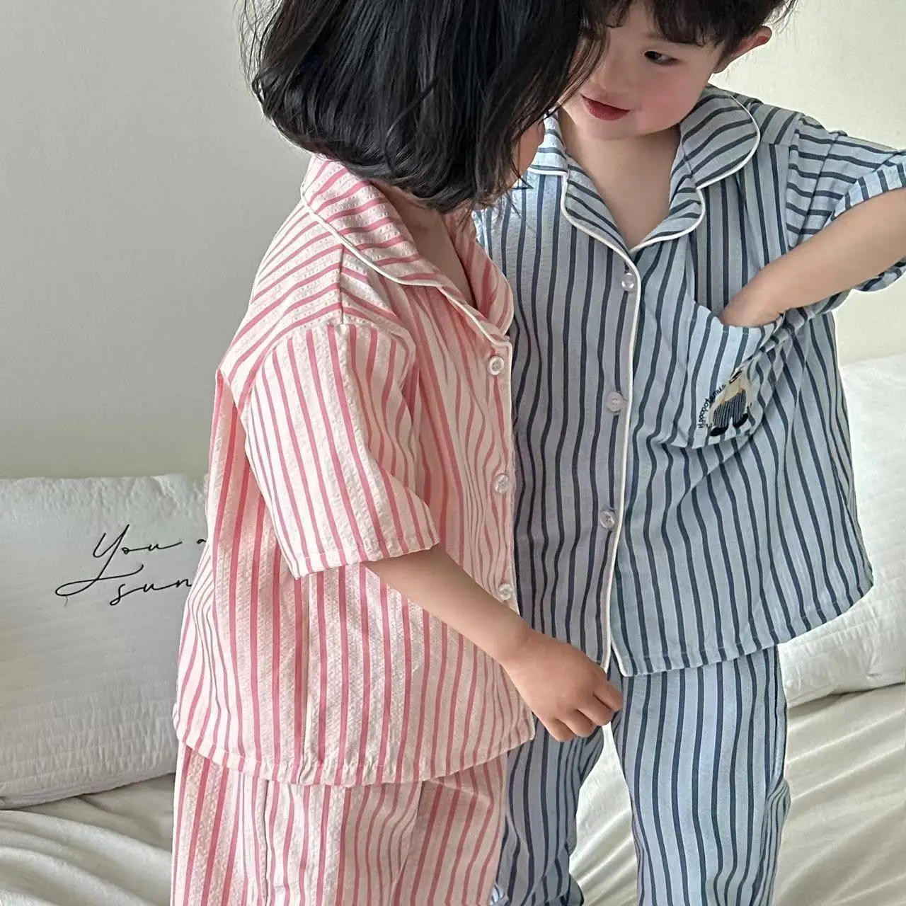 Children Summer Clothing Set Korean Boy Girl Fashion Striped Cotton Pajamas Kids Brief Soft Breathable Homewear Clothes