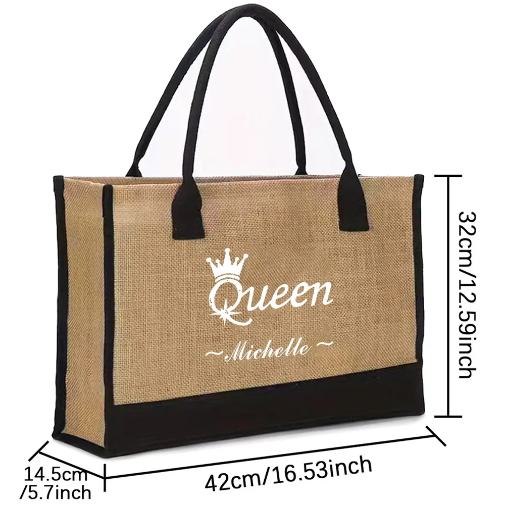 شخصية التخصيص اسم المرأة الجوت حقيبة تسوق الصيف حقيبة شاطئية حقيبة التخزين سعة كبيرة حقيبة يد عادية