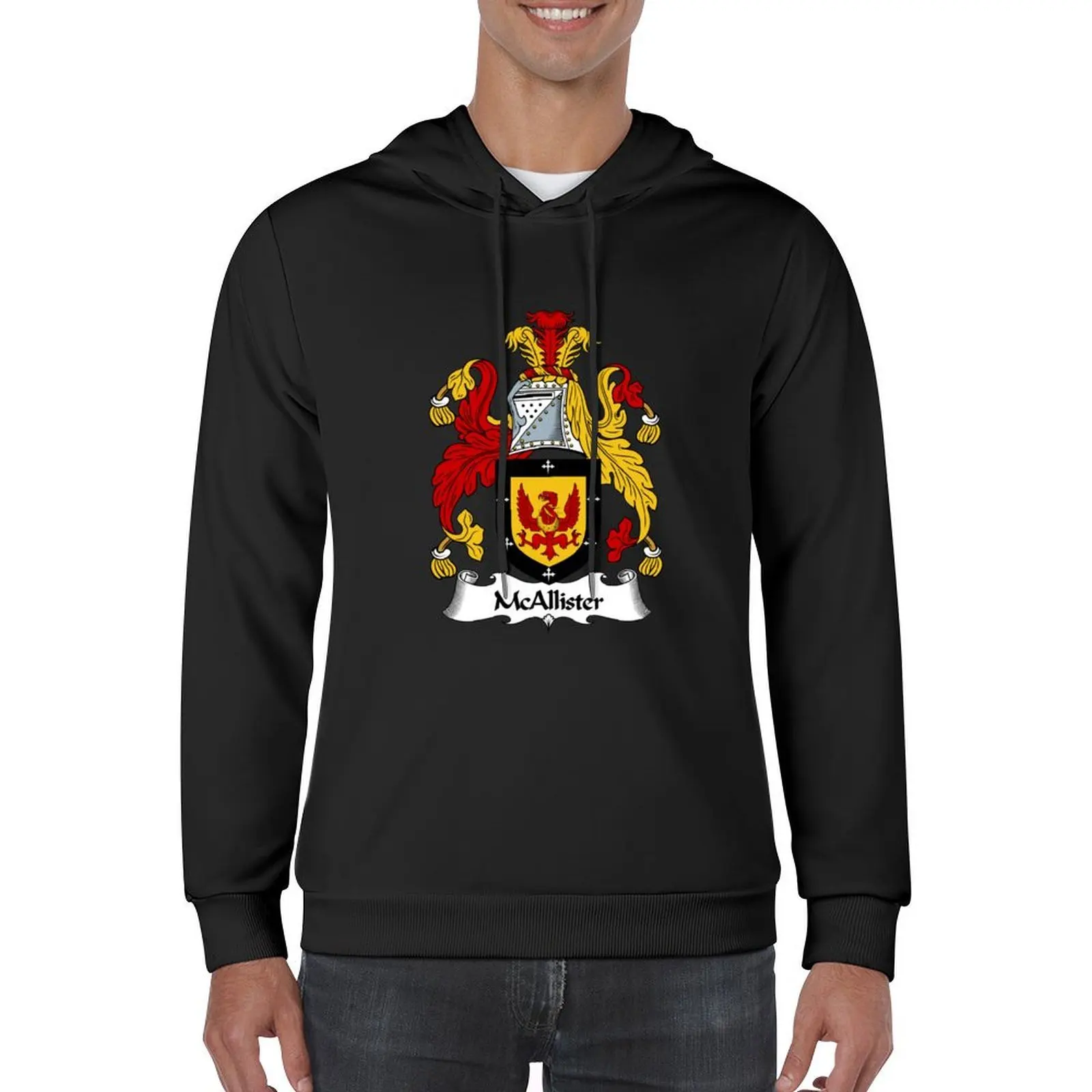 معطف McAllister من الأسلحة / بلوزة بقلنسوة من McAllister Family Crest قميص بقلنسوة ملابس رجالية جديدة في هوديس