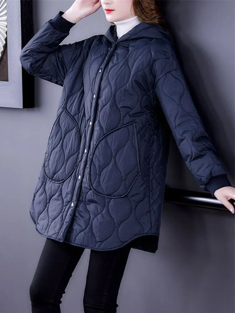 Сверхбольшие размеры L-6XL Модель 2023 года, осенне-зимнее пальто оверсайз, женские пуховые куртки с хлопковой подкладкой, парки с капюшоном, Длинные Топы, женское легкое тонкое пальто Можно носить 110 кг.