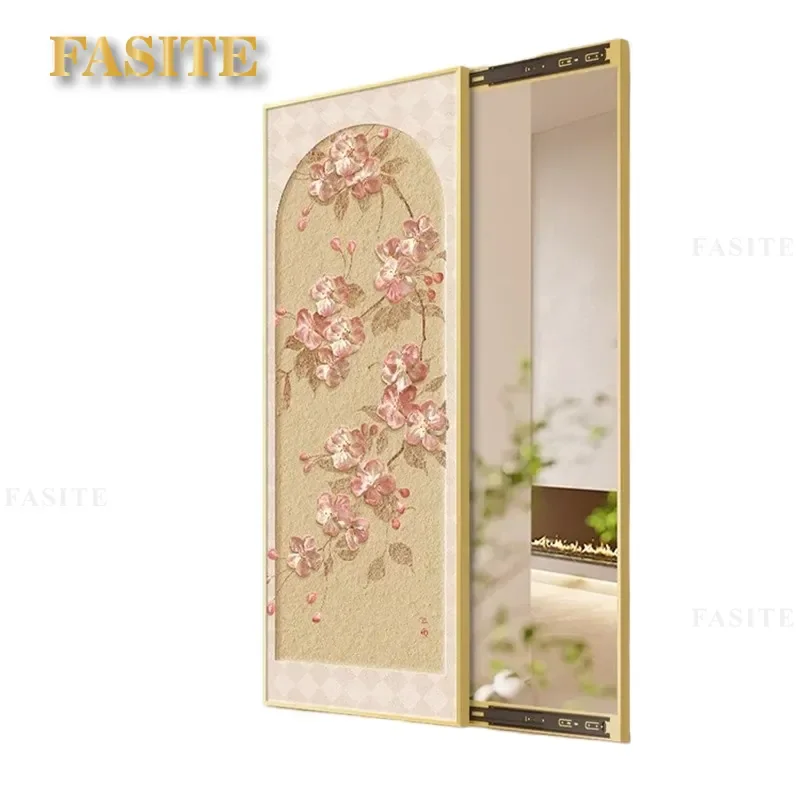 For French Style Cream Cherry Blossom Wall Art Invisible Push-Pull Full Length Mirror Decorative Painting for Porch Entryway