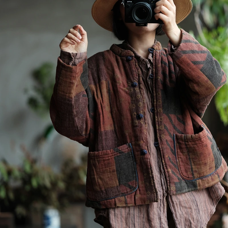 

100% Cotton Women Casual Coats New Arrival 2025 Autumn Vintage Style Stand Collar Floral Print Female Thick Warm Jackets M2048