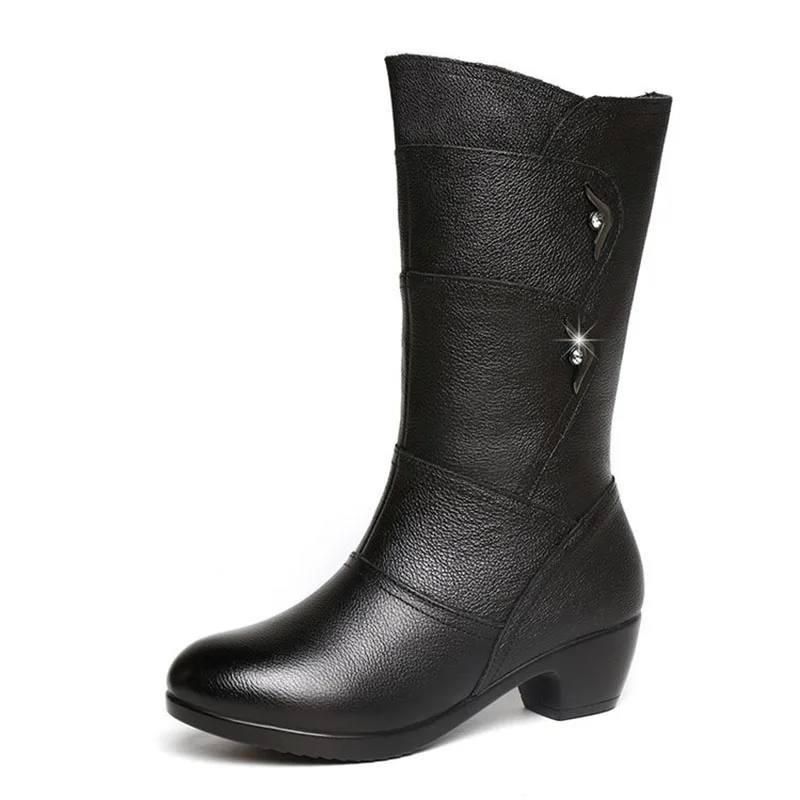 Botas de neve de salto alto de pelúcia meia panturrilha para mulheres, quente, zíper lateral, estilo britânico, preto, moda, outono, inverno, 2023