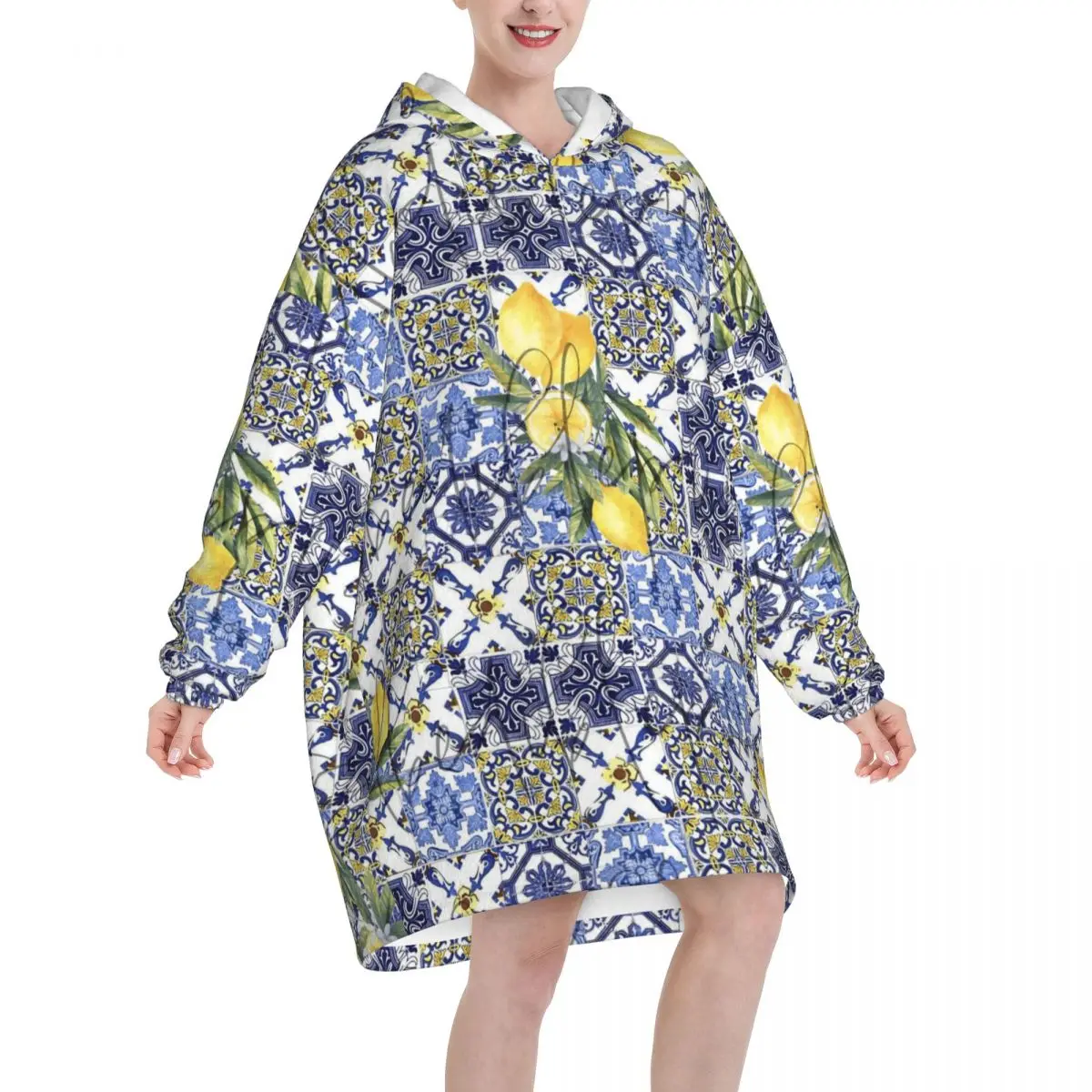 Lemon Sicily Rectangle Oversized Blanket Hoodie Sweatshirt Long Fleece Hooded Wearable Blanket with Large Pocket for Women Men