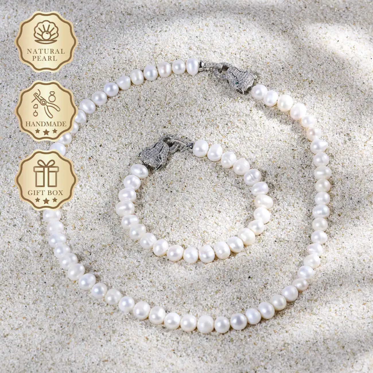 

MYSOYA Natural White Freshwater Pearl Bracelet & Necklace Set, 8–9mm Pearls with Silver Lion Head Clasp, Gift Box, Birthday Gift
