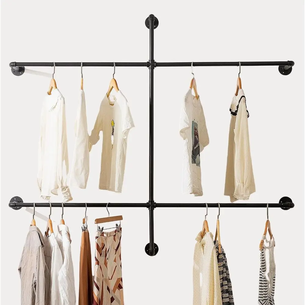 Wall-Mounted Industrial Pipe Garment Rack: Sturdy Walk-in Closet System for Hanging Clothes at Home