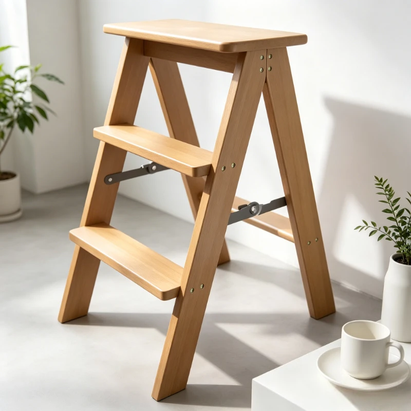 Foldable Bamboo Step Ladder, 3-Step High Stool for Home, Thickened Panels, Stable Anti-Slip Structure, Space-Saving Design