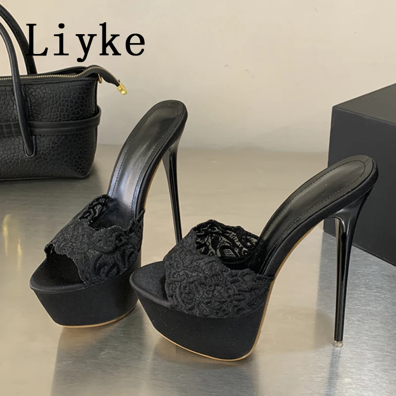 

Liyke модные сетчатые женские пикантные шлепанцы на платформе и высоком каблуке 16 см, летние вечерние шлепанцы с открытым носком, сандалии для стриптиза