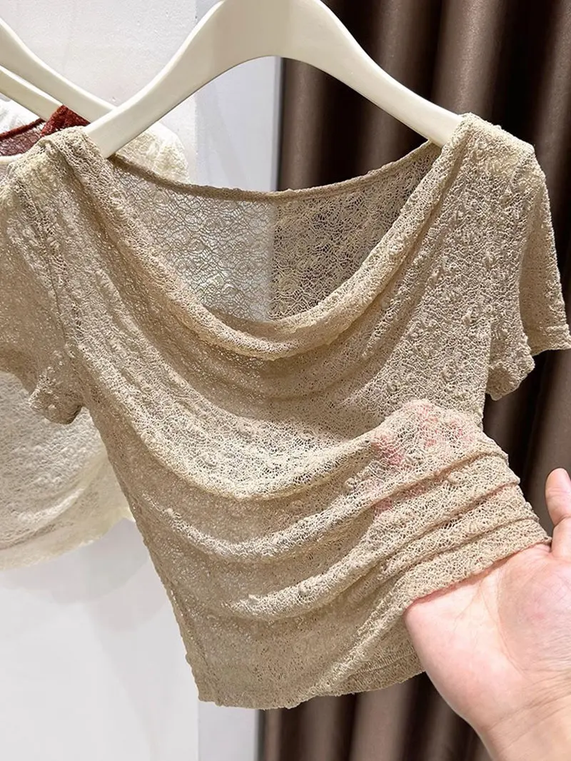 

Lace Hollow out Short Sleeve Base Shirt Shoulder Bared One Shoulder Waist Cinched Women's Summer Design Sense Top Short Style