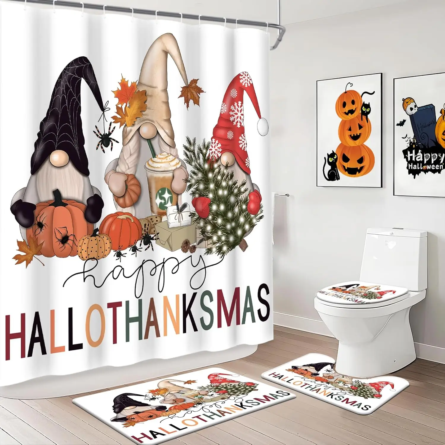 

Наборы занавесок для душа «Гном» на Хэллоуин, 4 шт., с занавеской для душа, нескользящими ковриками, крышкой для унитаза, ковриком для ванной и 12 крючками, осень-осень
