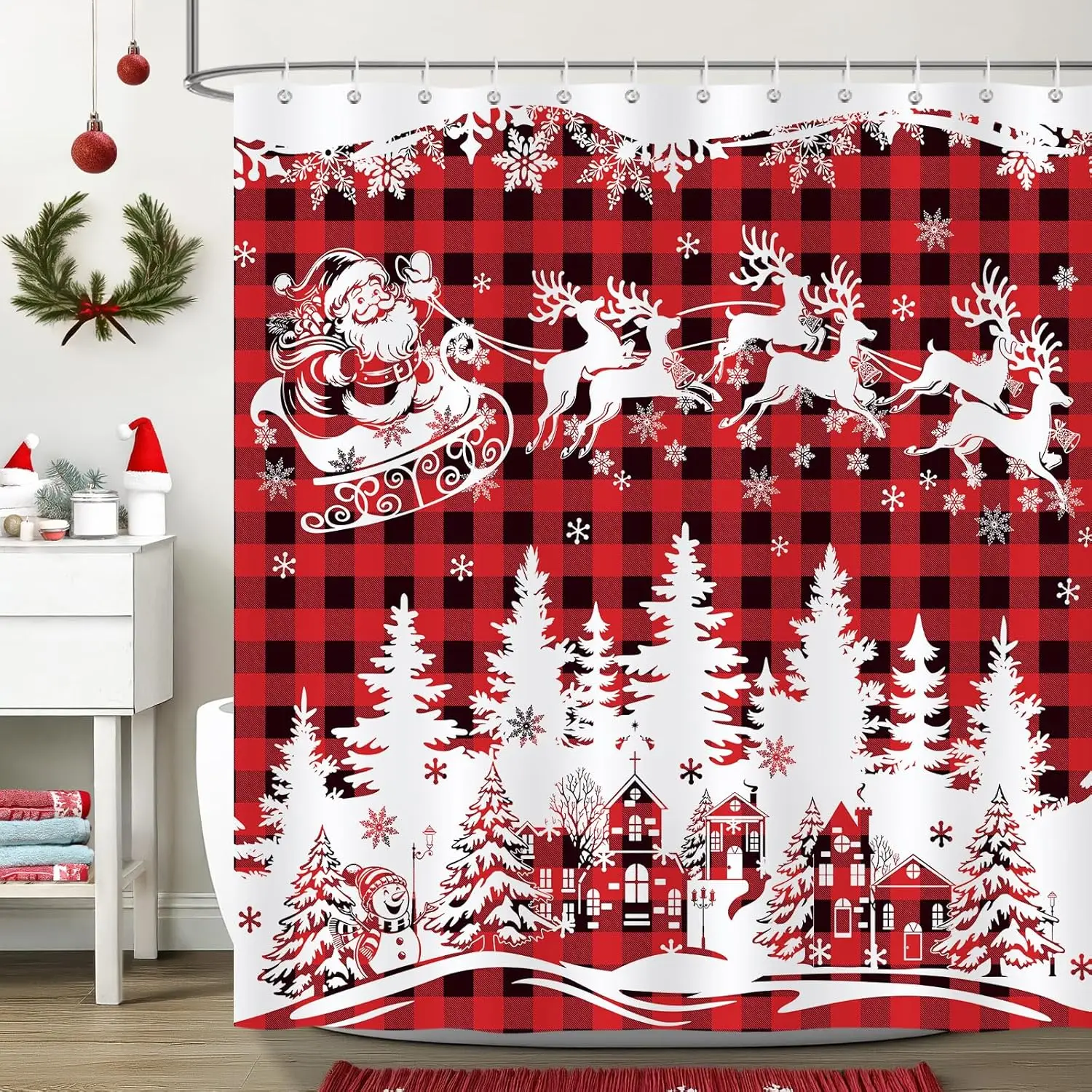 Christmas Shower Curtain, Red Buffalo Plaid Santa Claus Reindeer Xmas Village Winter Shower Curtain for Bathroom Waterproof