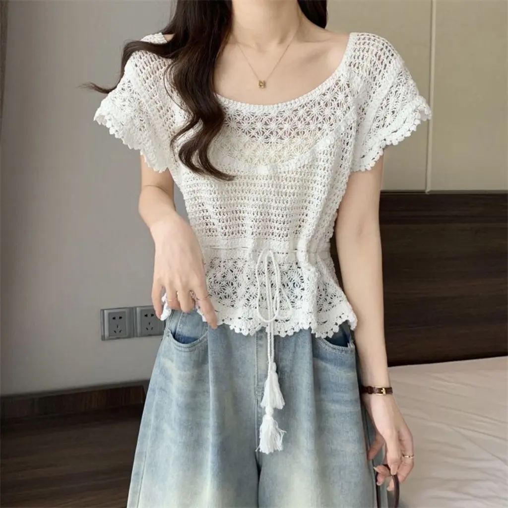 

Ethnic Style Sweet Lace Crochet Hollow Shirt New Design Chic Women's Top Trendy Tmall Quality Fashion