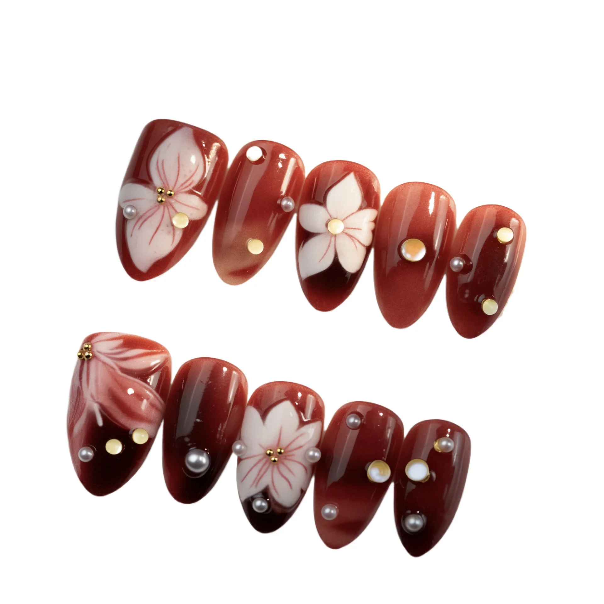 

24PCS Almond Shape with 3D Floral False Nails Advanced Press on Nails Autumn Winter Romantic Gentle Style Fake Nails Removable
