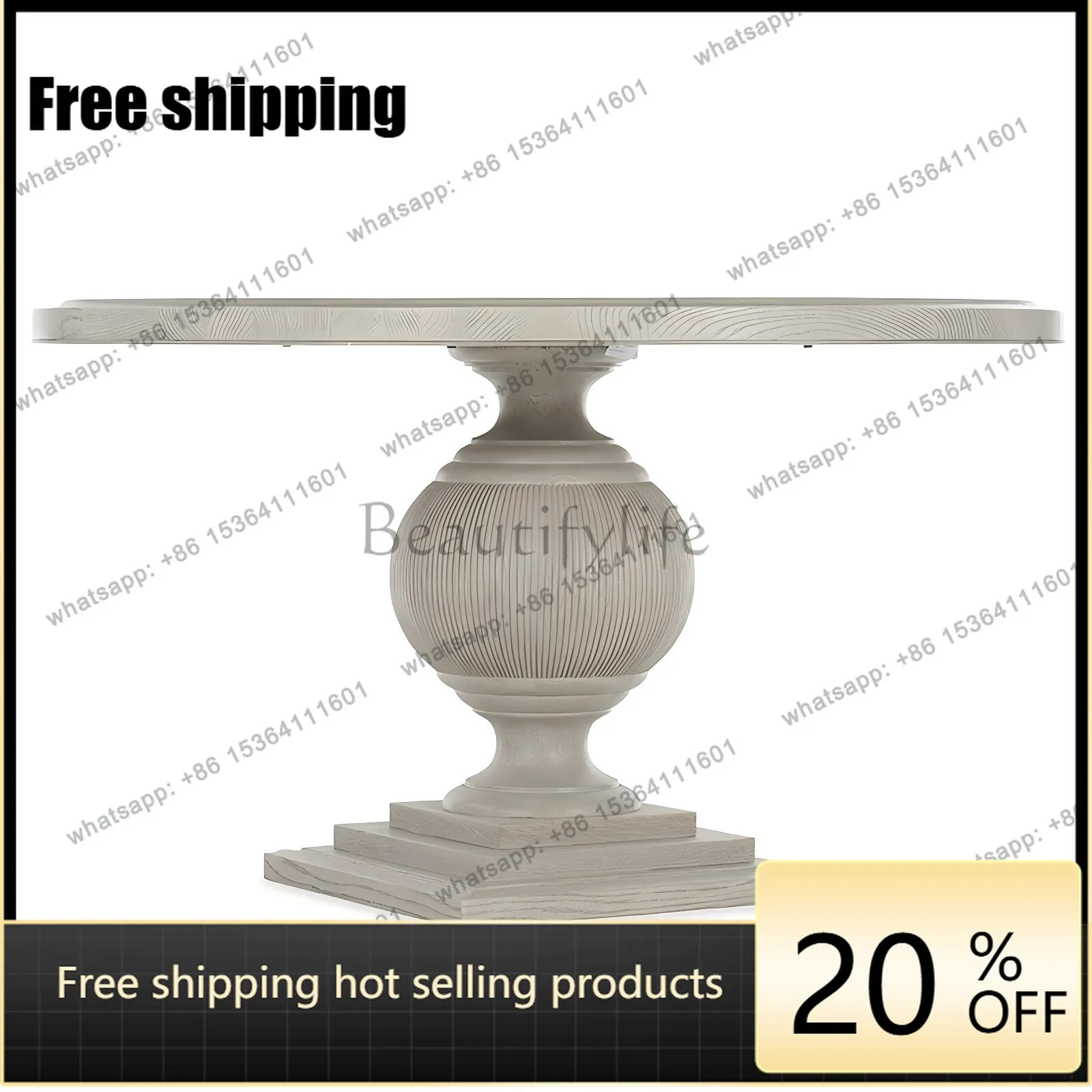 XX. French rural solid wood round dining table size custom American retro white dining table