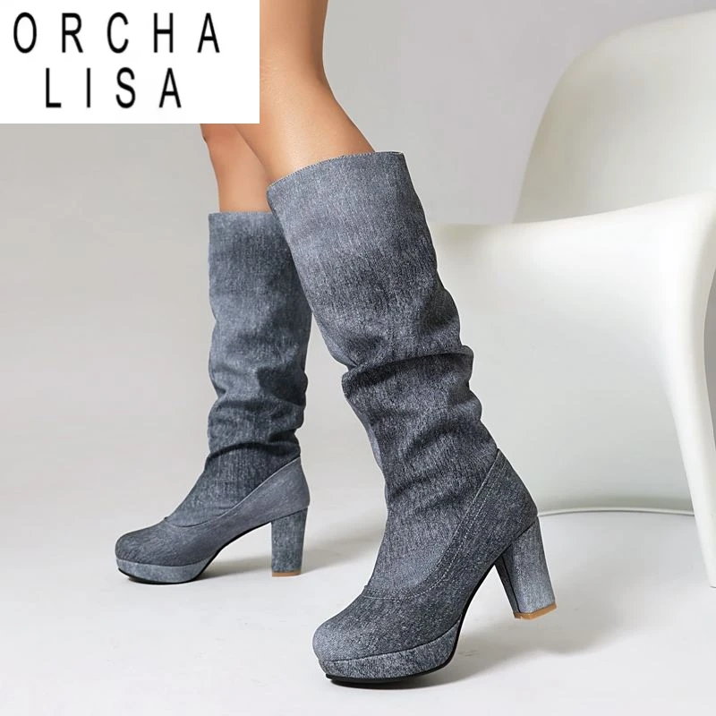 

ORCHA LISA Сапоги до колена с круглым носком, туфли на блочном каблуке 7,5 см, 2 см, без шнуровки на платформе 44 45 Сексуальные женские длинные ботильоны для свиданий