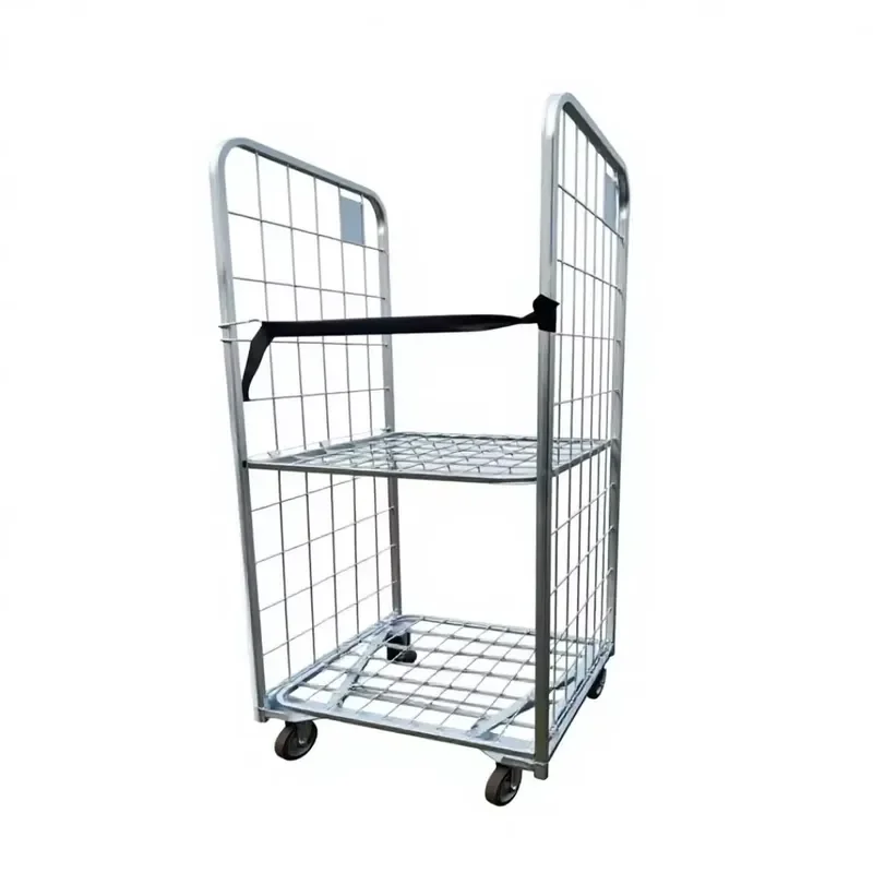 Heavy Duty Galvanized Iron Laundry Cart Two Tier Wire Basket Rolling Trolley for Hotel Housekeeping Logistics Storage