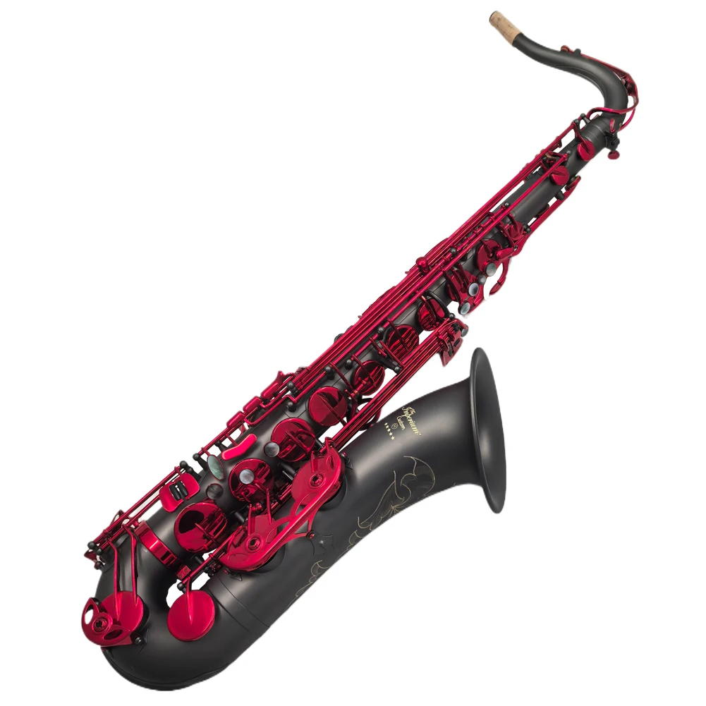 الموسيقى الشرقية The Imperium Professional Matte Black Tenor Saxophone مع مفاتيح مطلية باللون الأحمر - مفتاح Bb - High F #   – الوسادات الإيطالية –