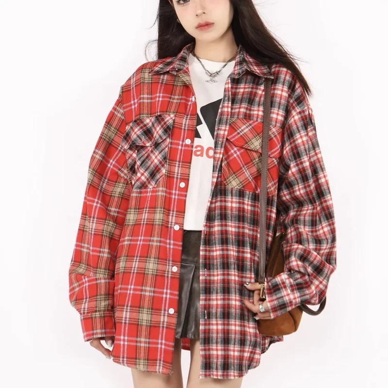 2024 New Personality Plaid Shirts Women American Retro Contrast Color High Street Long Sleeve Versatile Basic Simple Casual Tops