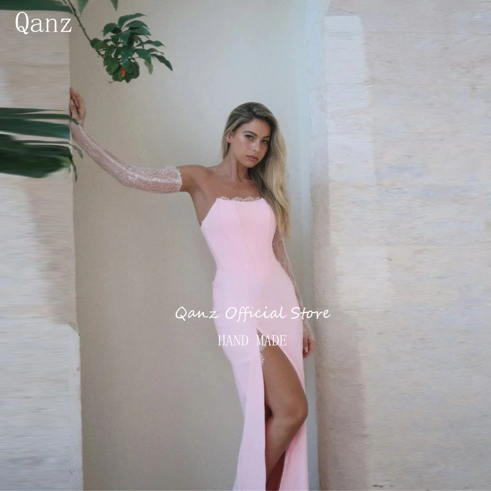 

Qanz Pink Stain Evening Dress High Slit Strapless Wedding Party Dress Long Sheer Lace Sleeves Sexy Robes De Soirée Customized