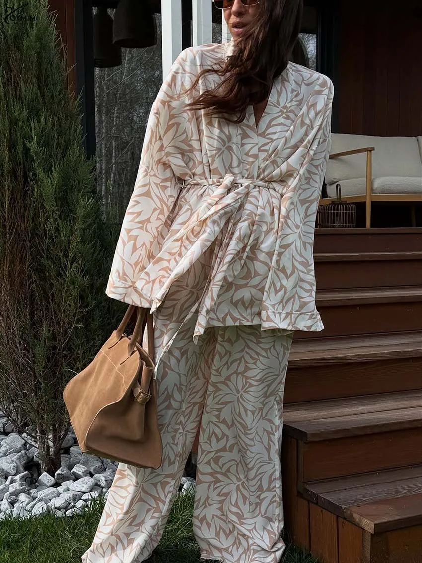 

Oymimi Fashion Khaki Print Two Piece Set Woman Elegant V-Neck Long Sleeve Lace-Up Shirts And Loose Straight Trousers Female Sets