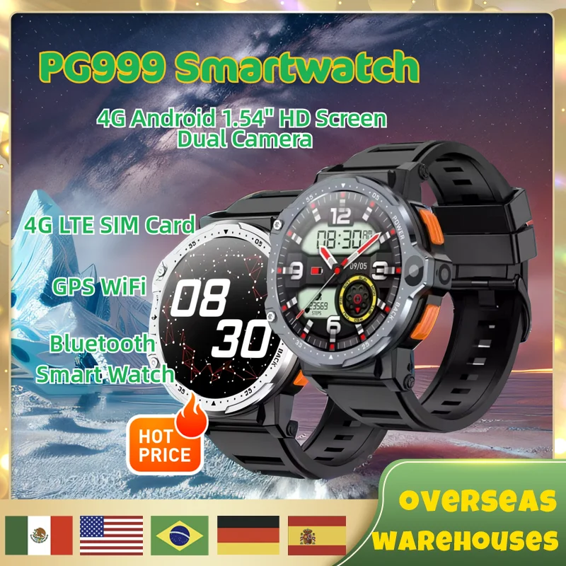 Pg999 Smartwatch 4g Android 1.54'' Hd Screen Dual Camera Gps Wifi 64gb 4g Lte Sim Card Android Bluetooth Men Smart Watch Phone