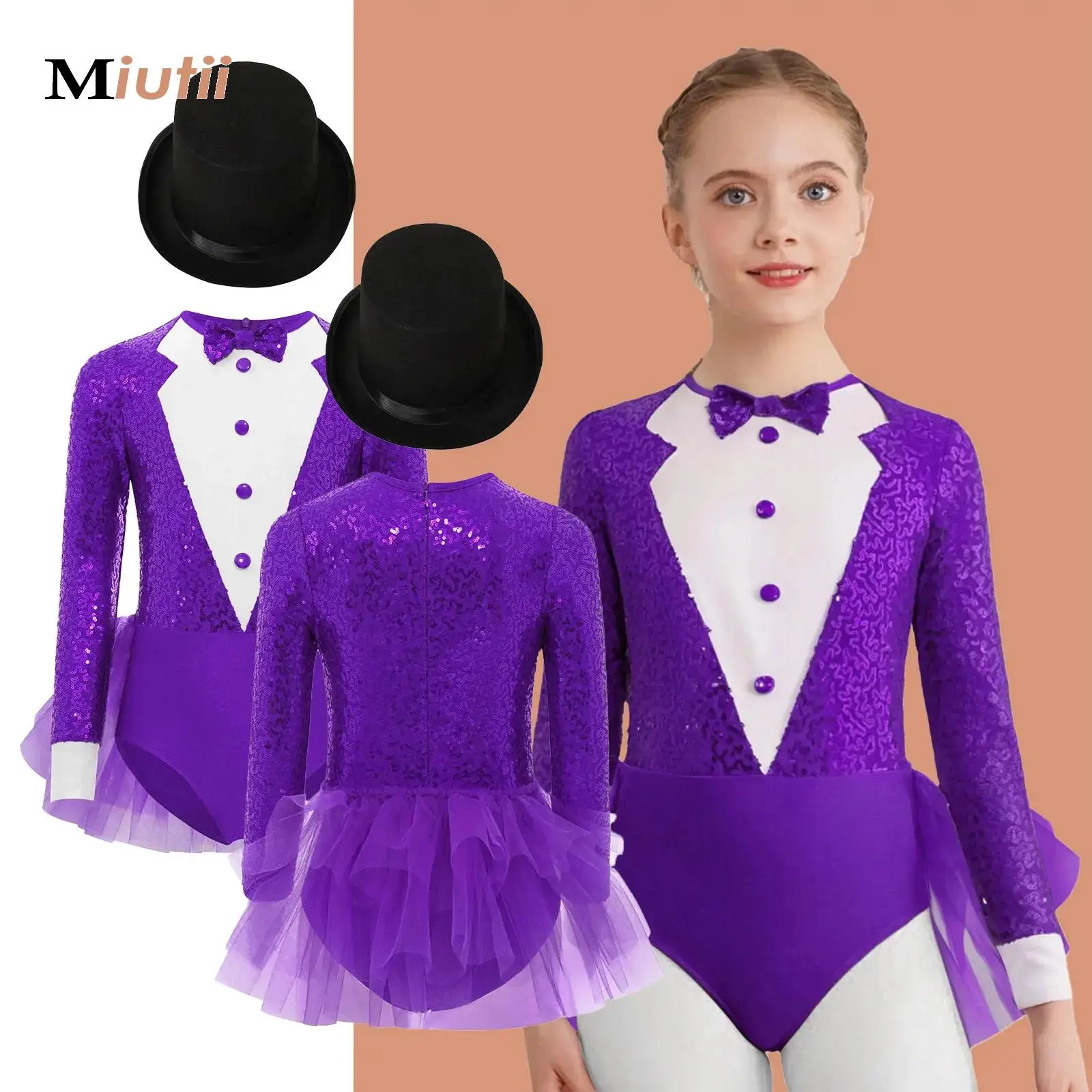 

Big Girls Magician Cosplay Costume Role Play Props Outfit Jazz Hip Hop Skirted Leotard with Hat And Crutch Set for Performance