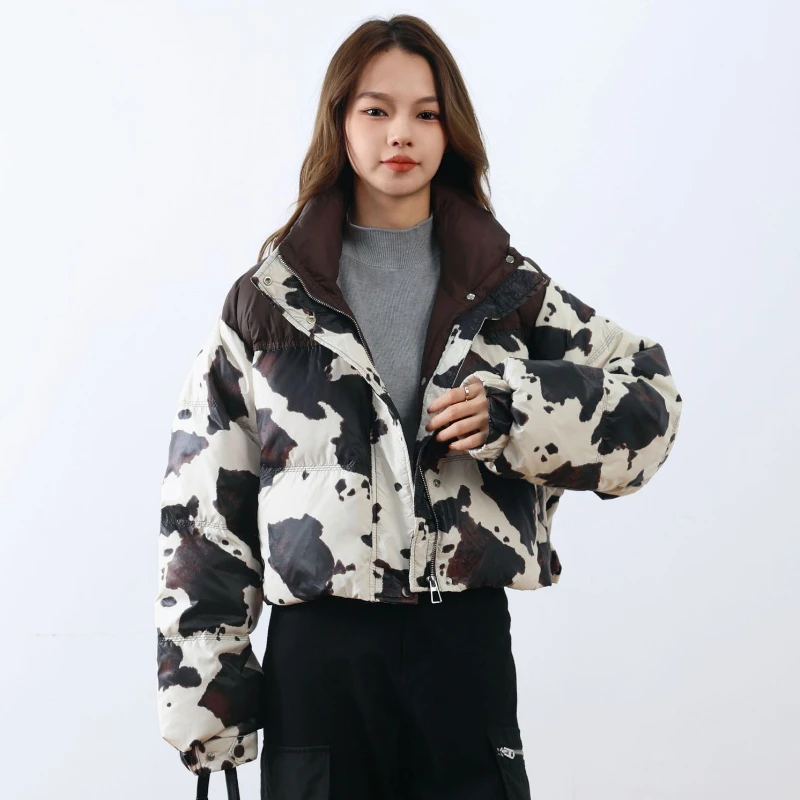 Short Down Jacket for Women, Color Clash, Retro Cow Prints, Trend Outerwears Stand-up Collar Thick Warm Coats Female Winter Coat