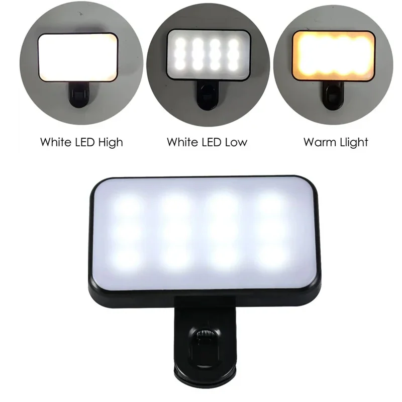 Portable LED Selfie Fill Light Rechargeable 3 Modes Adjustable Brightness Clip On For Phone, Laptop, Tablet Meeting, Make Up
