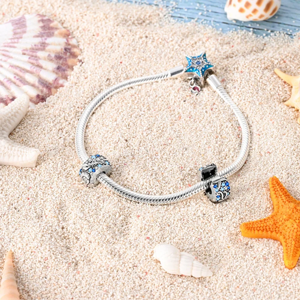 Charms Silver 925 Sparkling Colorful Zircon Starfish Conch Coconut Tree Clip Charm Spacer Bead Fit DIY Fine Jewelry Gifts Making