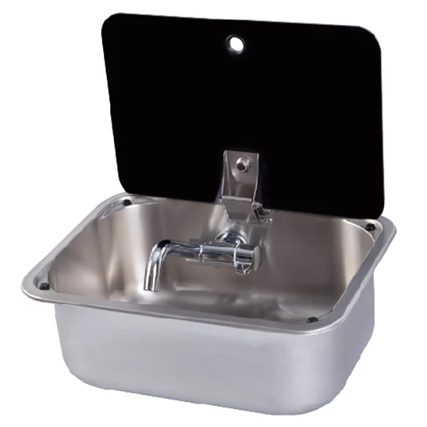 

Stainless Steel Brass Sink Thick Tempered Glass Lid Foldable Faucet RV Motorhome Caravan Silver Black