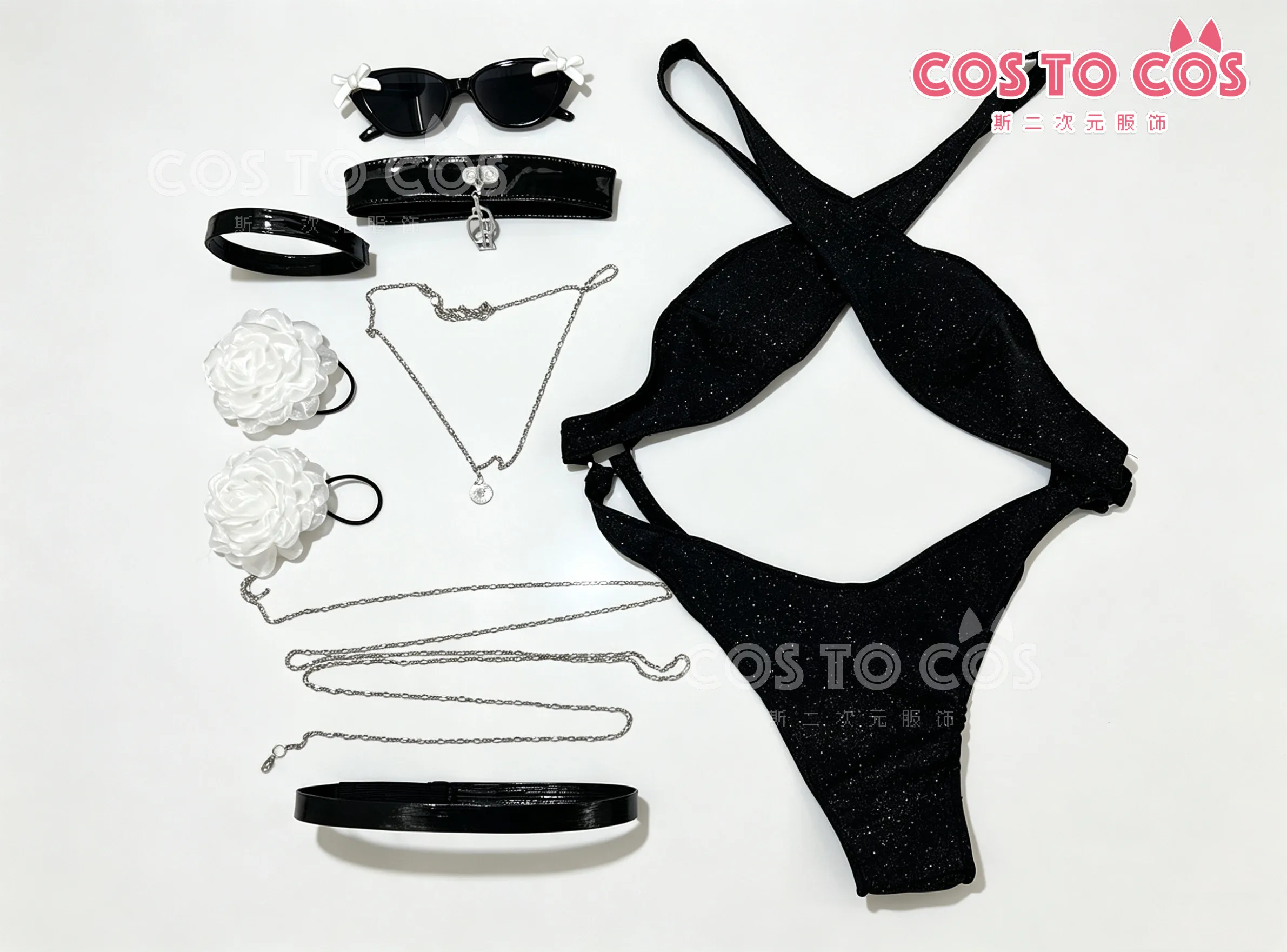 NIKKE Cinderella Cos Black PU Swimsuit Sexy Summer Bikini Goddess of Victory Doujin Cosplay Outfit