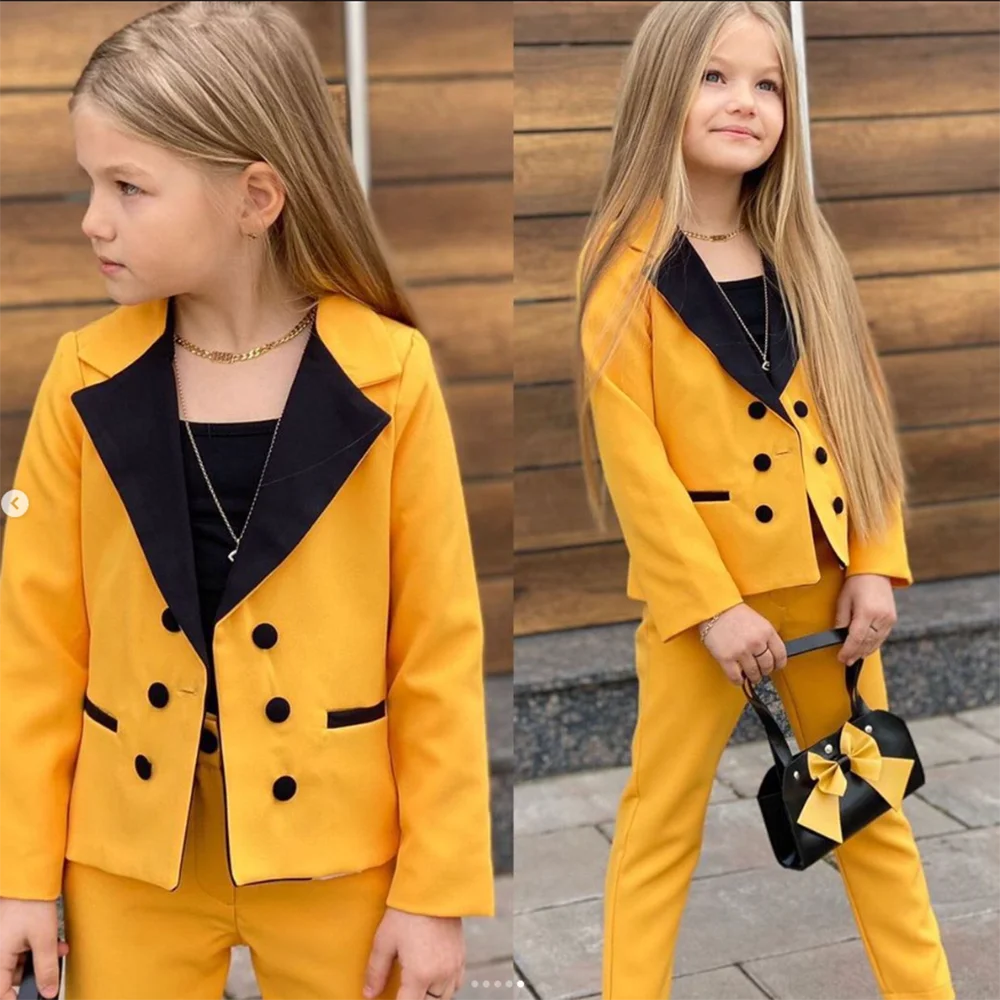 Girls Blazer Double Breasted Lapel Suits 2023 New Fashion Kids Jackets+Pants  Loose Formal Teenage Casual Outfits