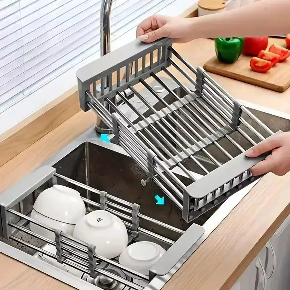 Expandable Stainless Steel Sink Drain Basket,Collapsible Kitchen Dish Drying Rack with Draining Filter Grid,Sink Organizer Tray view 2