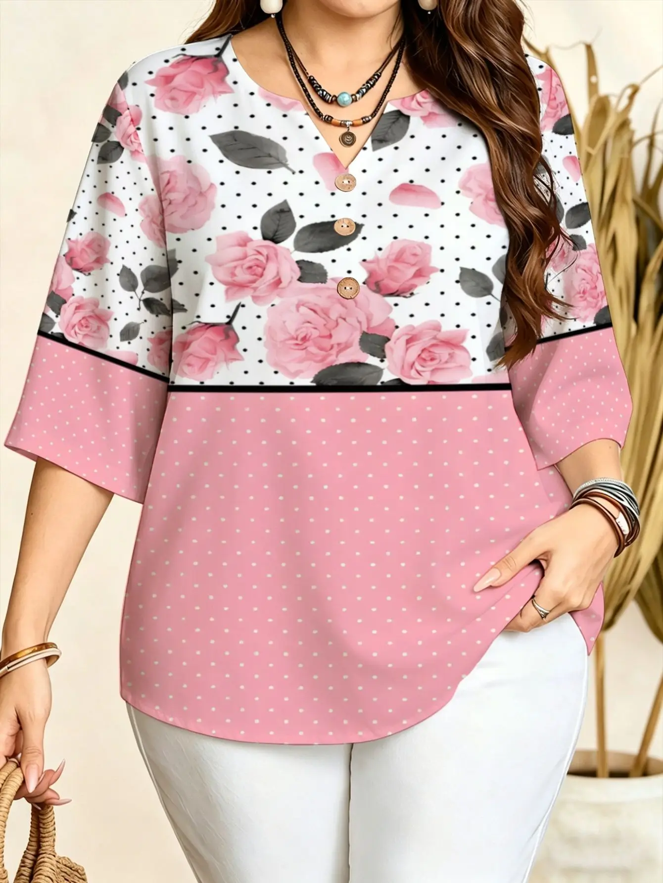 All Over Floral Print Women Blouse 3/4 Sleeve Notch V Neck Three Decor Buttons Light Summer Daily Tops