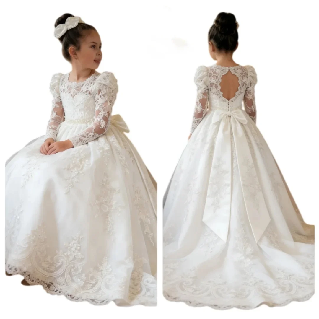 Custom Luxury Flower Girl Dress Wedding Birthday Party Pageant Catwalk Long Sleeve Lace Open Back Bow White Train Kids Gown فسات