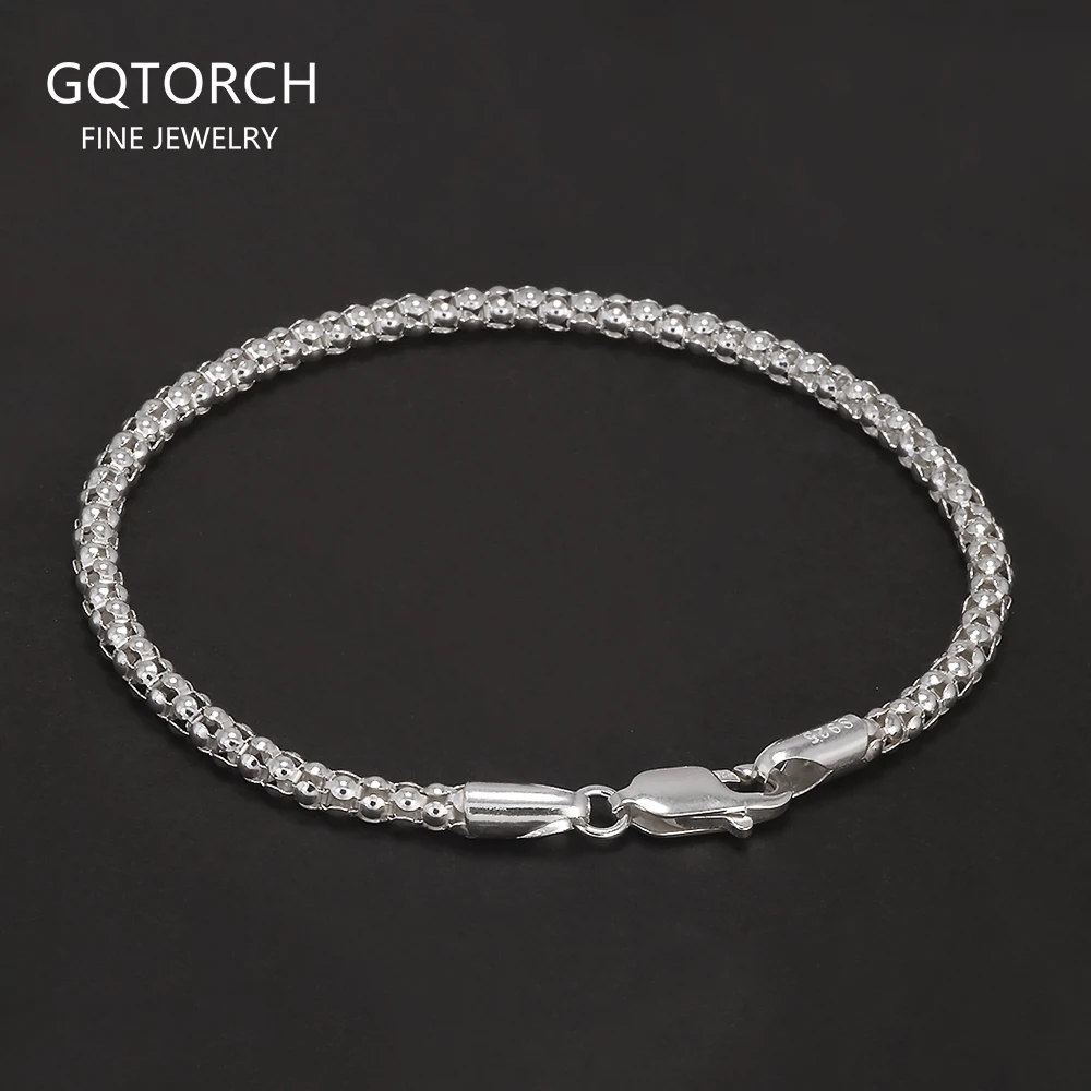 3mm 925 Sterling Silver Bolo Round Mesh Popcorn Chain Bracelet Men Women Lightweight Fashion Wristband Daily Jewelry
