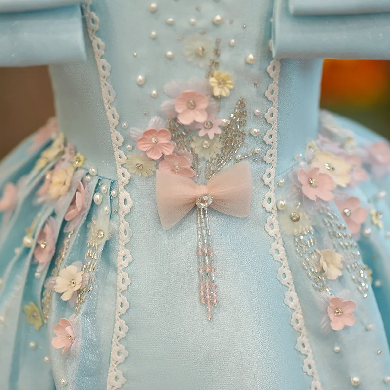 Vestido elegante de flores Para niña, vestido con cuello cuadrado, diseño de lazo grande, cremallera trasera, Para fiesta de boda