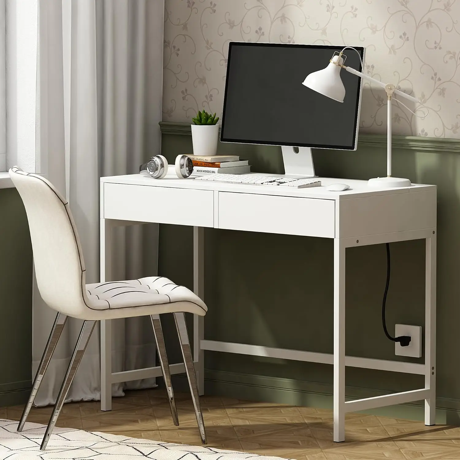 

Computer Desk with USB Charging Ports and Power Outlets, Modern Simple 40 inch White Desk with 2 Drawers, Vanity