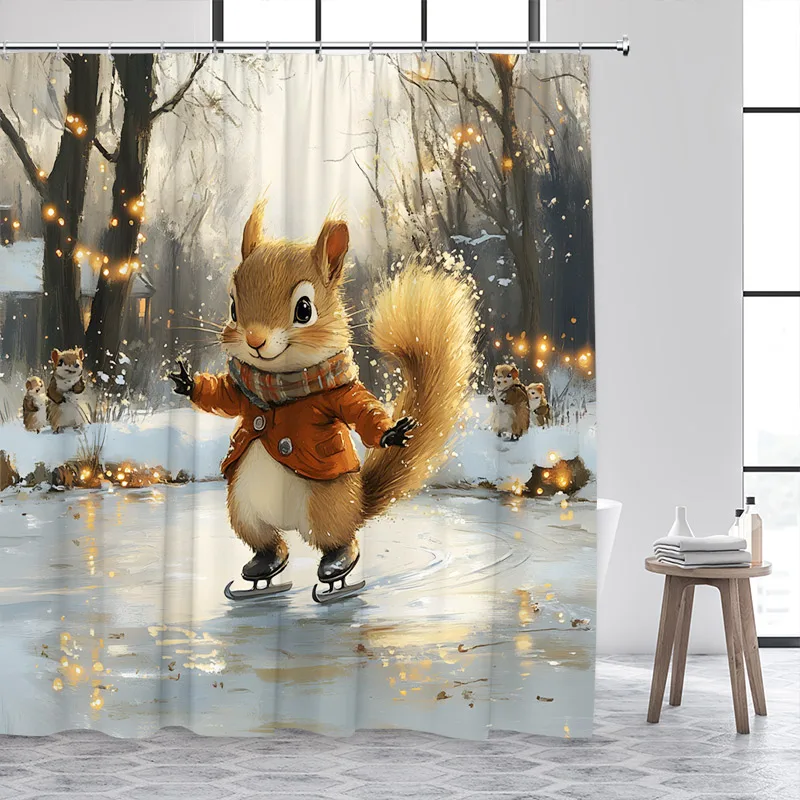 Funny Squirrel Ice Skating Shower Curtain Snow Animal Winter Forest Landscape Bath Curtains Fabric Bathroom Decor with Hooks