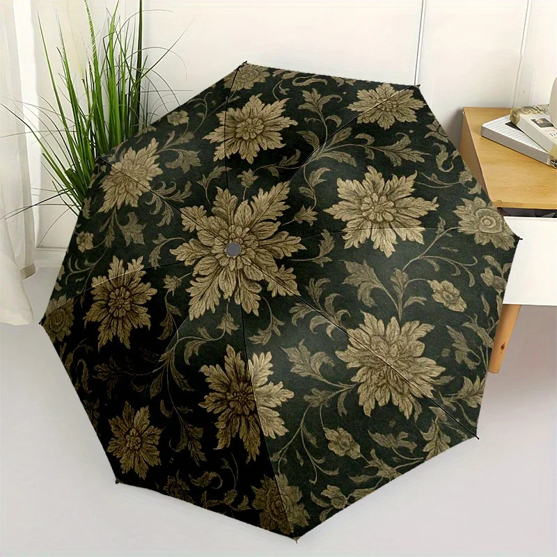 

Автоматический компактный зонт-трость с 8 спицами и элегантным цветочным узором - темно-коричневый/золотистый/черный, роскошный дизайн, портативный