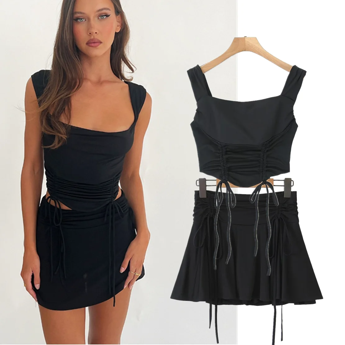 

Withered 2024 Summer Fashion blogger High Street Sexy Strap Top High Waist Half Skirt for Women Two Pieces Sets