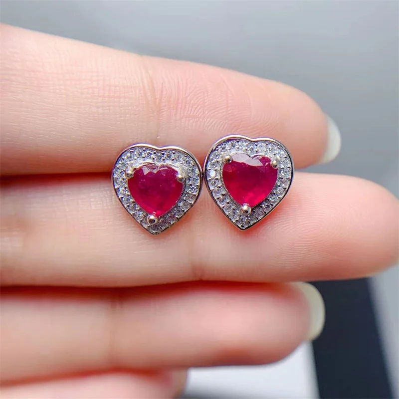 Rubin-Ohrringe in Herzform, Damenschmuck, 925er Silber, Ohrstecker mit Zertifikat