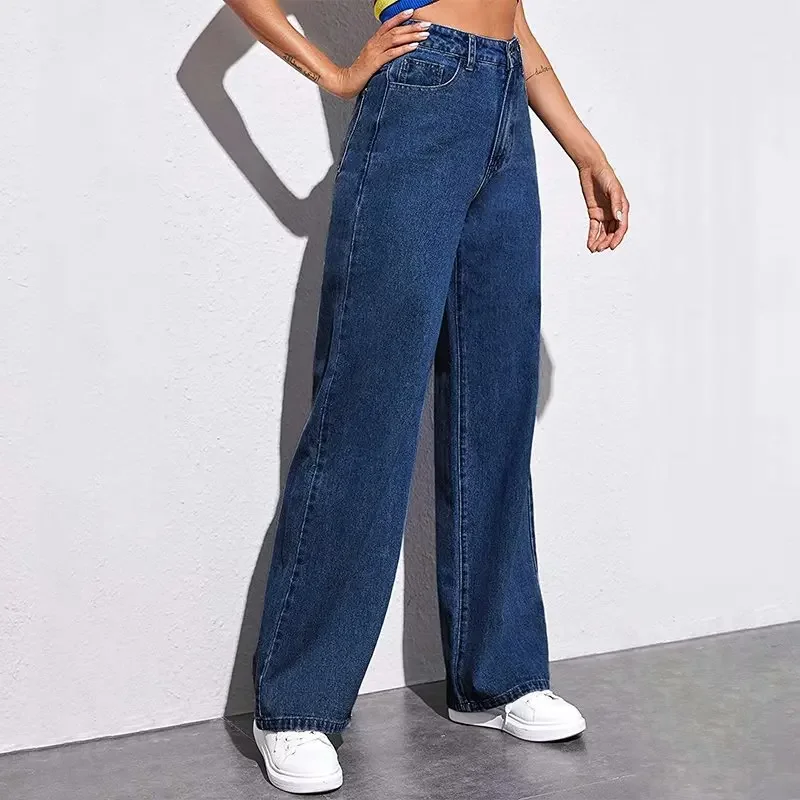 Jeans de perna larga cintura alta para mulheres, ajuste solto, calça emagrecedora, em forma de pera, perna reta, nova coleção para primavera e outono, coleção 2021