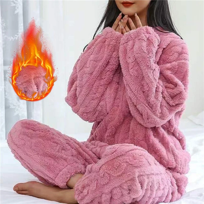 Women's pajamas set Winter coral velvet homewear Velvet thickened two-piece home suit Fluffy O-neck leisure pajamas