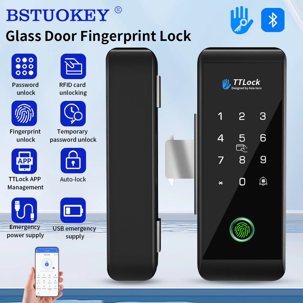 Kunci Pintu Kaca TTLOCK APP Instalasi Mudah, Kunci Pintar RFID 13.56MHZ, Buka Kunci dengan Kata Sandi, Pengenalan Sidik Jari, Kunci Pintu Kantor