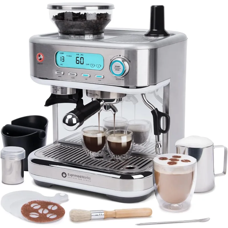 Series Espresso Machine with LCD Display, Milk Steamer, and Grinder, Ready to Brew, 60 Seconds, 15 Bar, Cappuccino