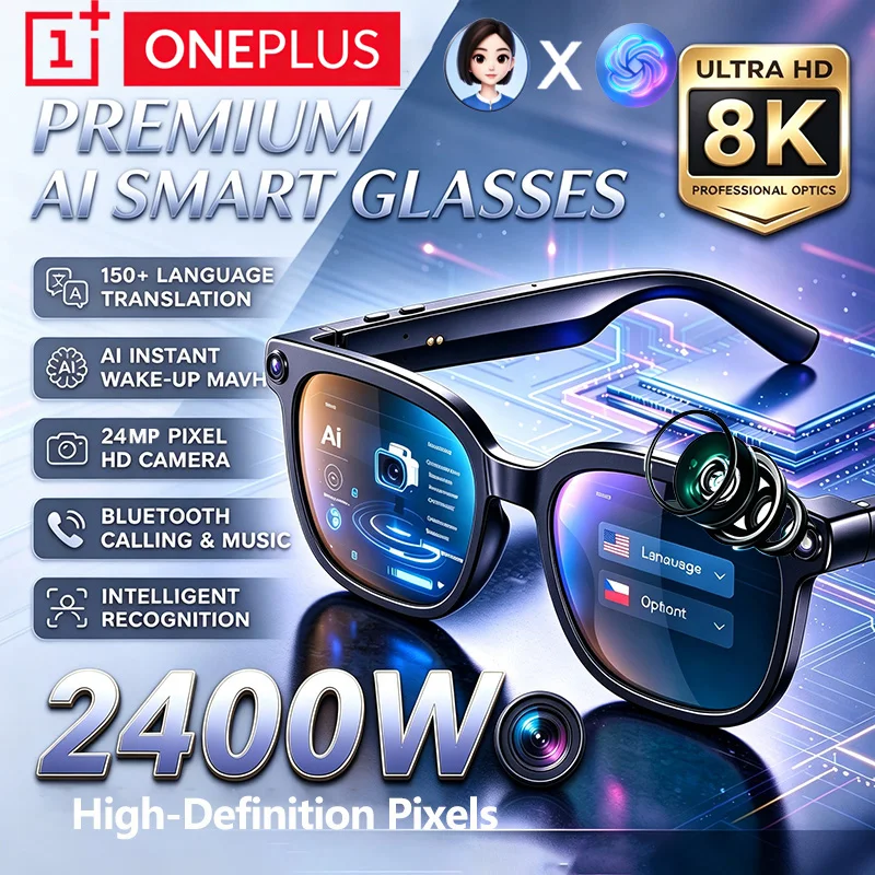 OnePlus New 8K HD Camera 24MP AI Smart Glasses Translation Photo Bluetooth Calling Recording Music Smart Sunglasses For Unisex