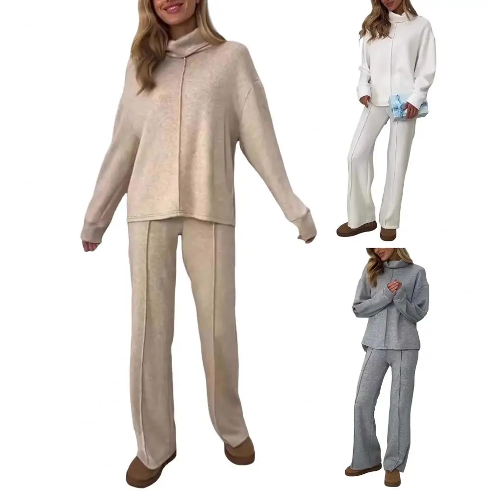 

Осенний женский костюм 2026: Новая модная повседневная кофта с высоким воротом и длинными рукавами, брюки с широкими штанинами и карманами, однотонный комплект свободного кроя