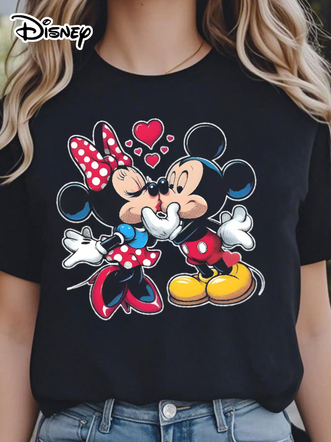 

2025 Disney Pattern Printed Women's Casual Comfortable Unique Smiling Face Black Round Neck Short Sleeve T-shirt