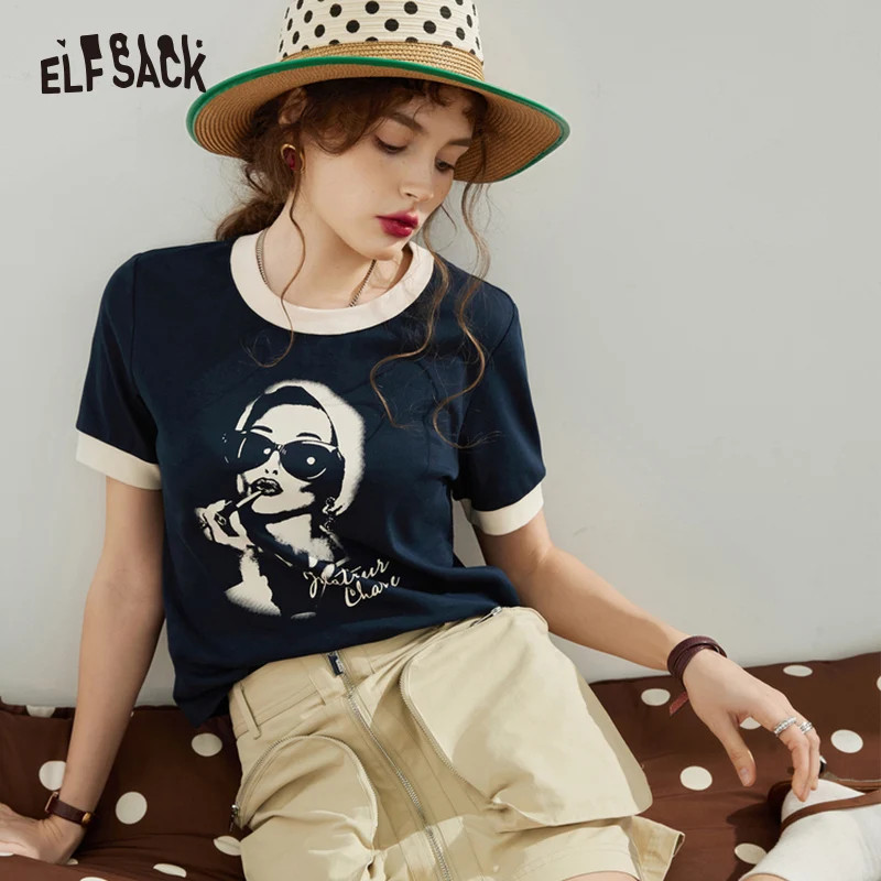 ELFSACK Vintage Printed Cotton T-Shirts Women 2023 Spring Short Sleeve Basic Daily Tops